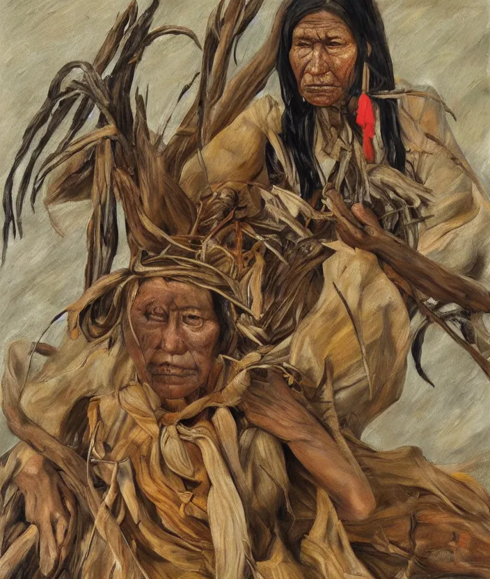 Prompt: indigenous woman hunting, painted by lucian freud, hd, super detailed, realistic, muted colors