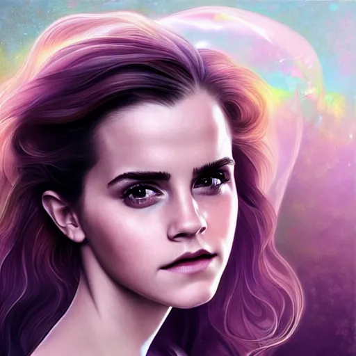 Prompt: dream portrait of Emma Watson, dreamy and ethereal, expressive pose, big pink eyes, exciting expression, fantasy, intricate, elegant, many rainbow bubbles, rose tones, highly detailed, digital painting, artstation, concept art,cyberpunk wearing, smooth, sharp focus, illustration, art by artgerm and greg rutkowskiand alphonse mucha,Salvador Dali.