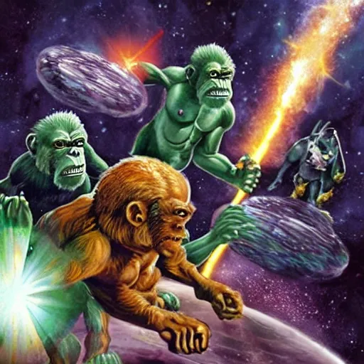 Prompt: apes conquer the cosmos fighting an alien civilization