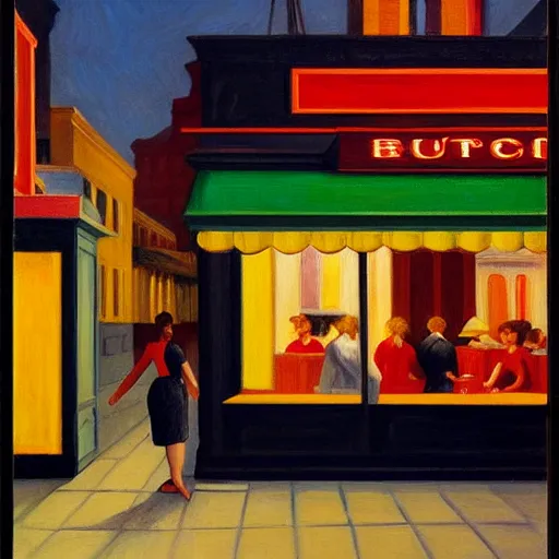 Image similar to a painting of a woman in front of a restaurant at night, in the style of Edward Hopper and Sandro Botticelli, 4k,