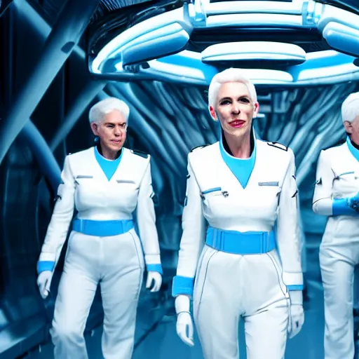 Image similar to troop of annie lennox women with white hair, white hair, tight light blue neopren suits, futuristic production facility, sci - fi, highly detailed, cinematic