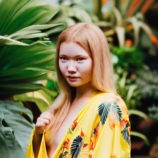 Prompt: head and shoulder portrait medium format photograph of a young blond woman wearing a yellow kimono in a tropical greenhouse. super resolution. 85 mm f1.8 lens.bokeh.graflex.