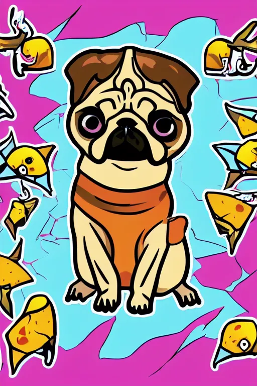 Image similar to Pug as a evil killer, sticker, colorful, illustration, highly detailed, simple, smooth and clean vector curves, no jagged lines, vector art, smooth