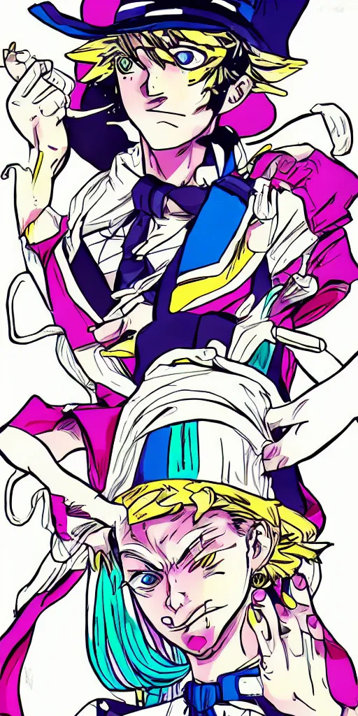 Prompt: Emporio Alnino anime art, Jojo's Bizarre Adventure style, vibrant colors, clean colors, detailed, clean outline, white background