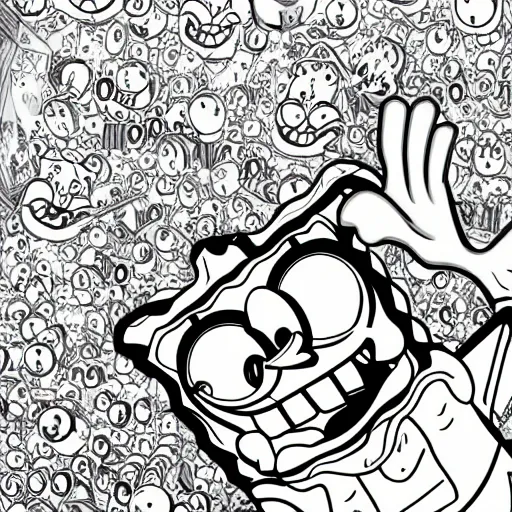 Prompt: SpongeBob, junji ito manga,black and white, Digital art
