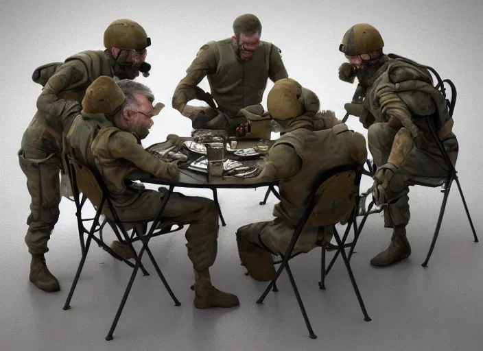 Image similar to soldiers and weirdos sitting in a circle on folding chairs, realistic, detailed, trending on artstation