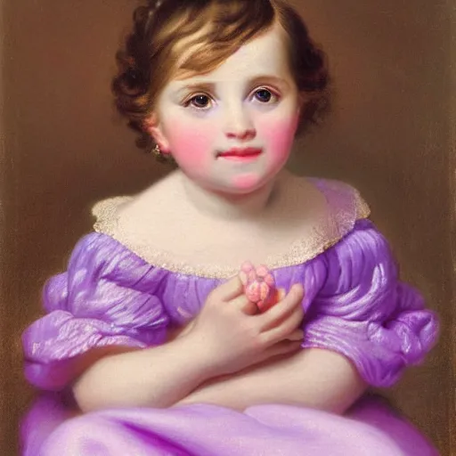 Image similar to portrait of a german toddler princess sitting down in a silk lavender gown, circa 1 8 3 7, by carl joseph begas, highly detailed, beautiful, oil on canvas, 1 8 3 0 s, romanticism