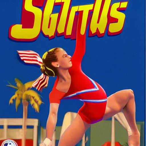 Image similar to video game box art of a commodore 6 4 game called mary lou retton's gymnastics all stars, highly detailed cover art.