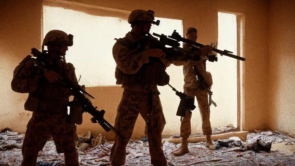 Image similar to film still of a marine soldier with a sniper rifle on his back standing in a dusty room with traditional colorful carpets on the wall in front of a sandy window. moody, grainy, 4 k, high detail, aesthetic, good composition, overdetailed, room cluttered with items, anatomically correct, directed by quentin tarantino,