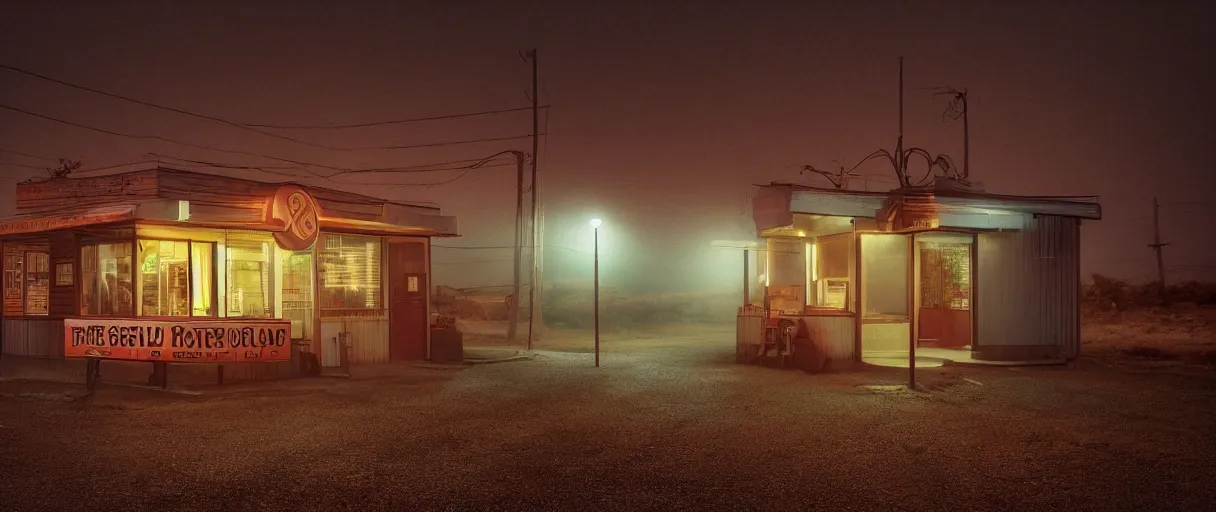 Prompt: an old roadside diner at the end of an extremely long and dusty road in the middle of nowhere at night, film grain, large format photograph, vibrant colors, by stephen king, misty, moody, sinister, cinematic lighting, cinematic color grading, 8 k render, hyper realistic, ultra hd, unreal engine 5 render