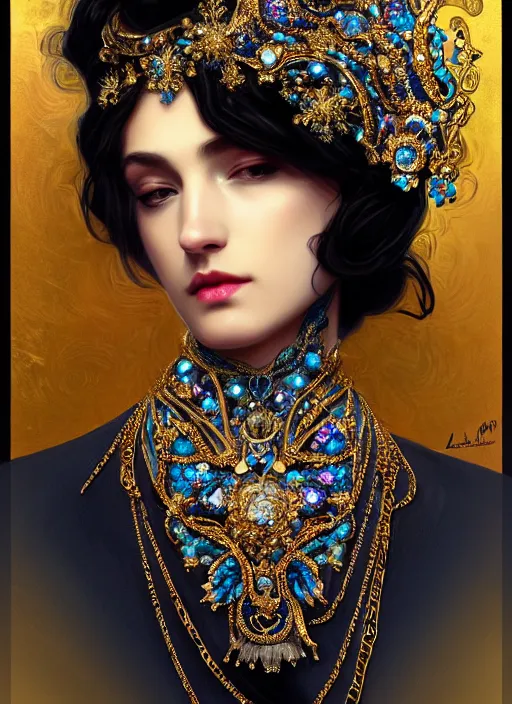Prompt: beautiful black blue bling bling, complicated jewelry and bling bling flowers in victorian style headwears, dark fantasy, intricate, elegant, highly detailed, digital painting, artstation, highly saturated colors, concept art, matte, 3 d 8 k octane rendered, sharp focus, illustration, octane rendered, art by artgerm and alphonse mucha, leesha hannigan