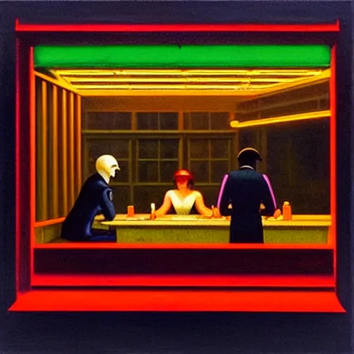 Prompt: “ nighthawks by edward hopper, except it ’ s set in a cyberpunk hong kong of the far future. ”