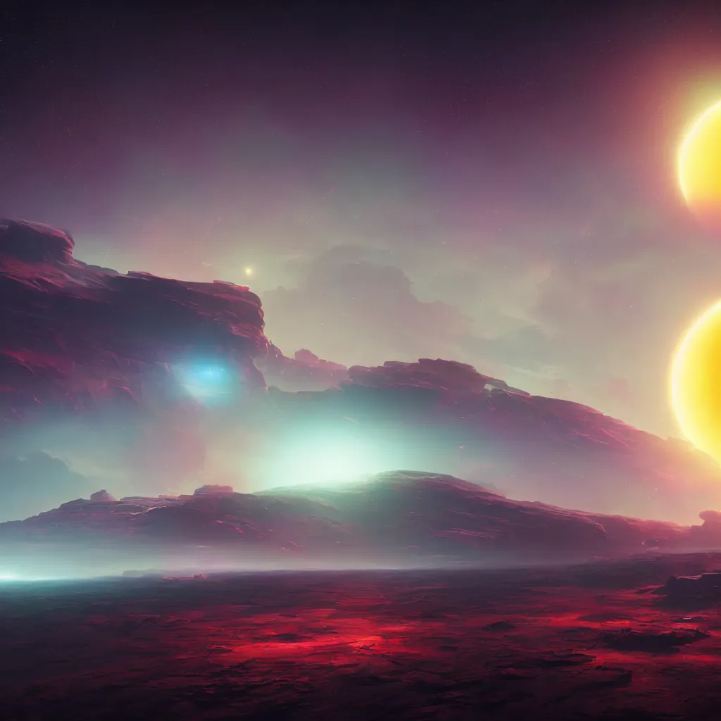 Image similar to horizon of a colorful exoplanet, view from space, artstation, cinematic, by greg rutkowski, scifi, digital art, digital painting, unreal engine, 8 k, volumetric lighting, contrast