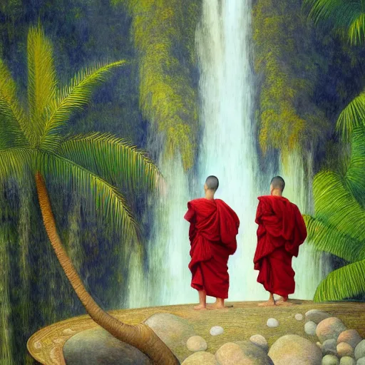 Prompt: a ultradetailed beautiful painting of monks standing in front of the diamonds waterfall in the amazonas palace balustrade designed by jules bastien - lepage, tarsila do amaral, frank weston and gustave baumann, beach, trending on artstation, mediterranean, palm trees, sharp focus, soft light, 8 k 4 k