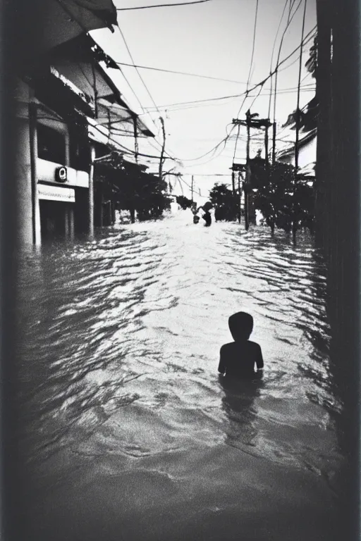 Prompt: photo polaroid of sad and lonely child in the middle of a completely flooded street in bangkok, loneliness, black and white ,photorealistic, 35mm film,