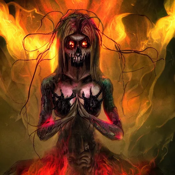 Image similar to insanity girl summon her death, cinematic, horror details, horrorcore, silent decay coloring, vortex portal banish the elders, die and suffer, psychonaut universe, smoke pit nebulas, the scary empty liminal spaces, conjure devils