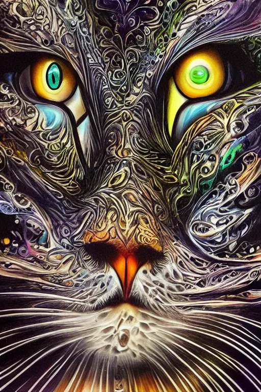 Prompt: watermarked, fractalism art, metaphysical art, poster art, airbrush art, psychedelic art, airbrush art, poster art, a painting of a cat with big eyes, hyperdetailed art, trending on artstation, ultrafine details