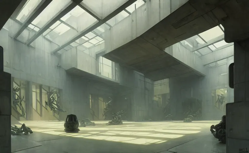 Image similar to painting of interior shot of a white concerete brutalist museum by darek zabrocki and greg ruthkowski, alphonse mucha, simon stalenhag and cinematic and blue cold atmospheric, archillect concept art, artstation, trending on artstation