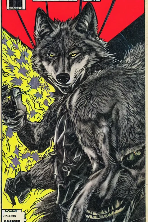 Prompt: 1 9 8 0 s comic book title cover scan, highly detailed professional comic art, featuring a portrait of anthropomorphic dark grey wolf o'donnell from starfox fursona furry wolf, in a dark space mercenary outfit, 8 0 s sci - fi comic art