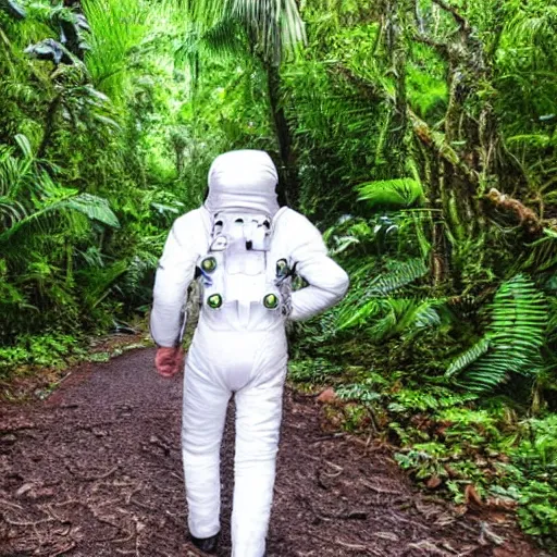 Prompt: white suit astronaut in tropical rainforest walking and he is lost