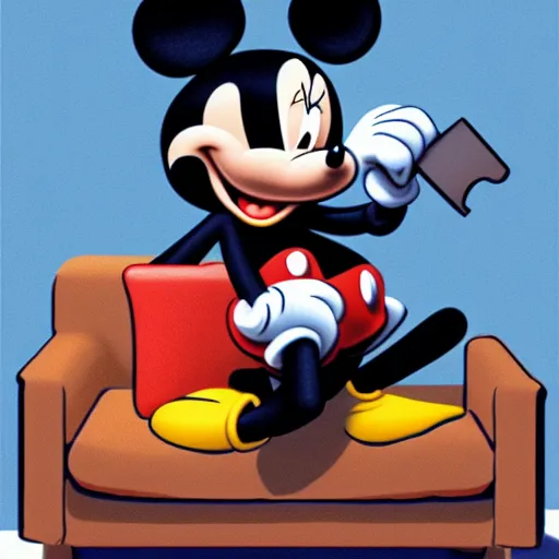 Image similar to mickey mouse holding a giant joint while sitting on a couch in a messed up apartment, stoned eyes, smoke, amazing digital art, amazing detail, artstation, award winning, sharp