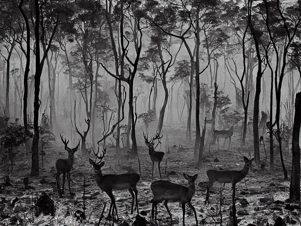 Prompt: Deer in the charred forest. Photograph by Sebastiao Salgado