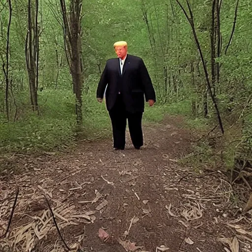 Prompt: creepy trail cam footage of an obese Donald trump