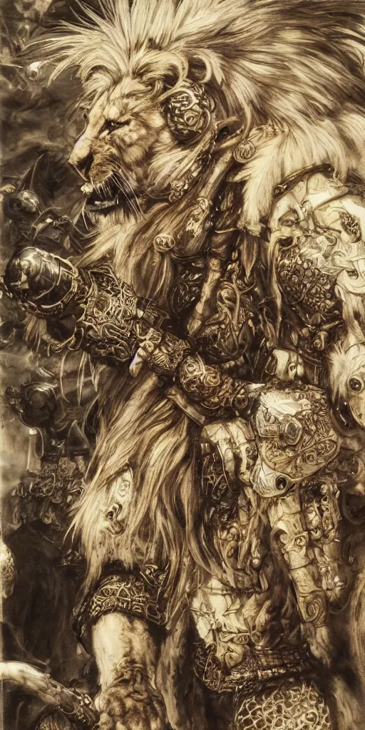 Image similar to 8 k yoshitaka amano painting of upper body of a young cool looking lion beastman with white mane at a medieval market at windy day. depth of field. he is wearing complex fantasy clothing. he has huge paws. renaissance style lighting.