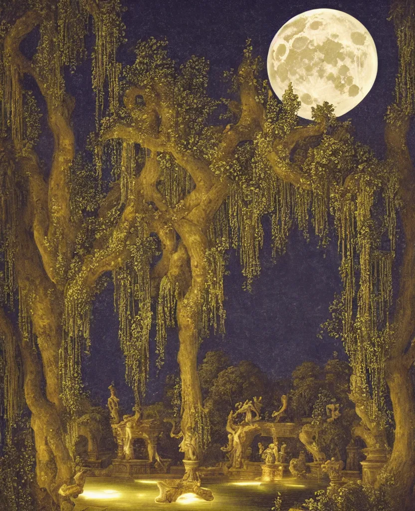 Image similar to photo of beautiful rococo courtyard under moonlight, large glowing moon, pool with rippling reflections, weeping willows and flowers, hellenistic sculptures, very romantic, archdaily,