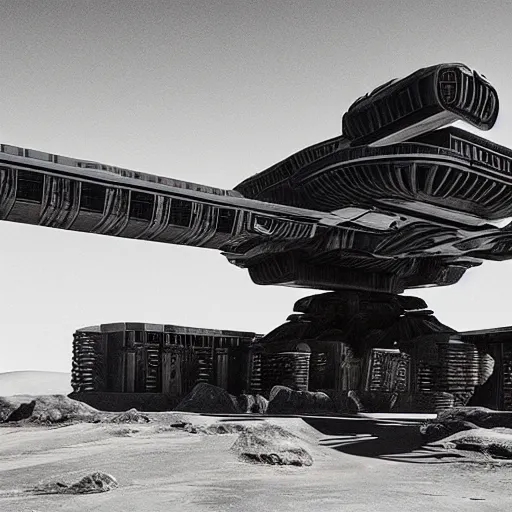 Image similar to Sci-Fi industrial futuristic Brutalism brutalistic huge huge flying carrier vehicle desert