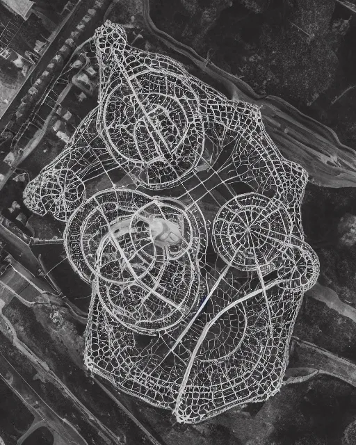 Image similar to orbital space station, made of intricate decorative lace leaf skeleton, shot from a drone, in the style of the dutch masters and gregory crewdson, dark and moody