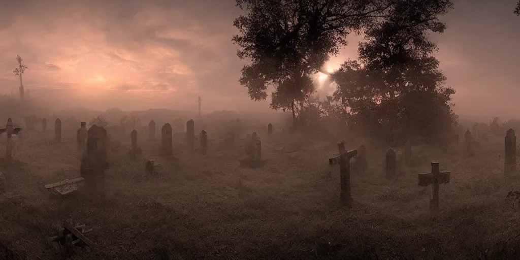 Prompt: abandoned dark misty open grave hole with cross tombstone backlight sunset moody panorama by frazetta