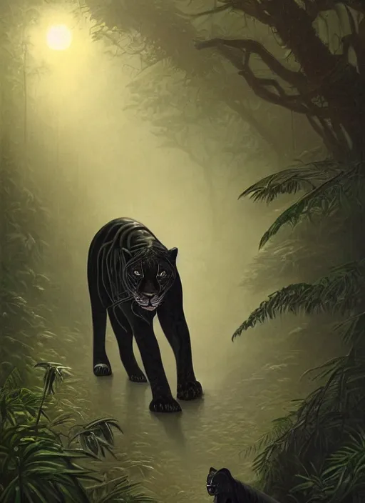 Image similar to a beautiful black jaguar walking in the jungle at night, art by christophe vacher