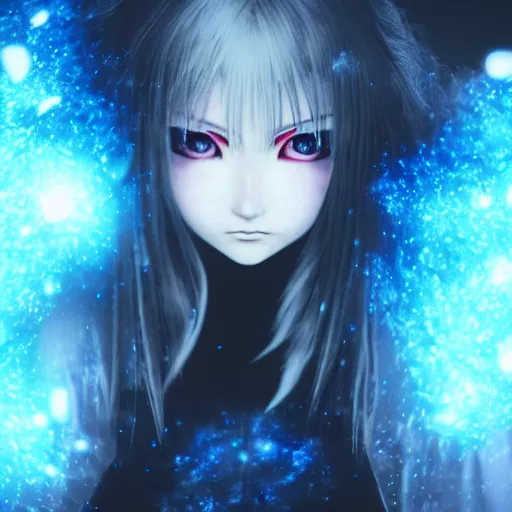 Prompt: photorealistic full body shot of masterpiece angry darkness anime girl, beautifull lovely eyes, posing, electric aura with particles, snowing frozen ice, darkness background, inspired by masami kurumada, akira toriyama, detailed, unreal engine 4 k, volumetric light, fog