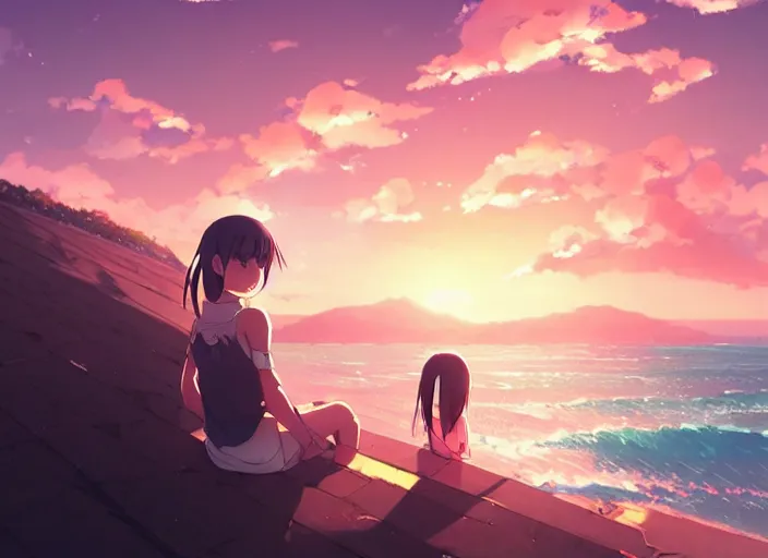 Prompt: panoramic of cute girl, sunset sky in background, beach landscape, illustration concept art anime key visual trending pixiv fanbox by wlop and greg rutkowski and makoto shinkai and studio ghibli and kyoto animation, futuristic aerodynamic wheelchair, symmetrical facial features, future clothing, backlit