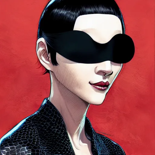 Image similar to Goro Majima as slim girl, gold suit jacket in snake print, black leather gloves, short black hair, black eye patch, elegant, 2d, ultra highly detailed, digital painting, smooth, sharp focus, artstation, art by Ilya Kuvshinov