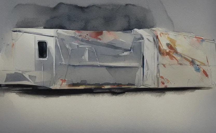 Prompt: concept art of a trailer, pinterest, artstation trending, behance, watercolor, by coby whitmore, silver, laser light,