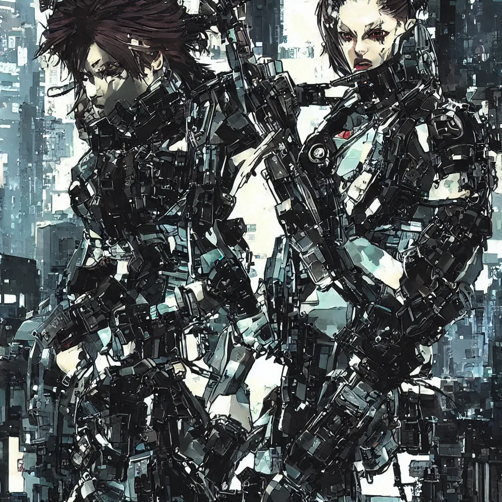 Image similar to cyberpunk military mafia woman with cybernetic arm, Yoji Shinkawa