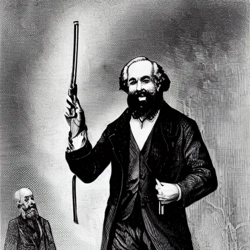 Prompt: Karl Marx holding hand cannon, aiming at wall street
