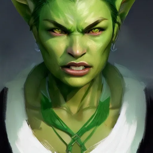 Image similar to character portrait of a green orc female, light green tone beautiful face by greg rutkowski, trending on artstation