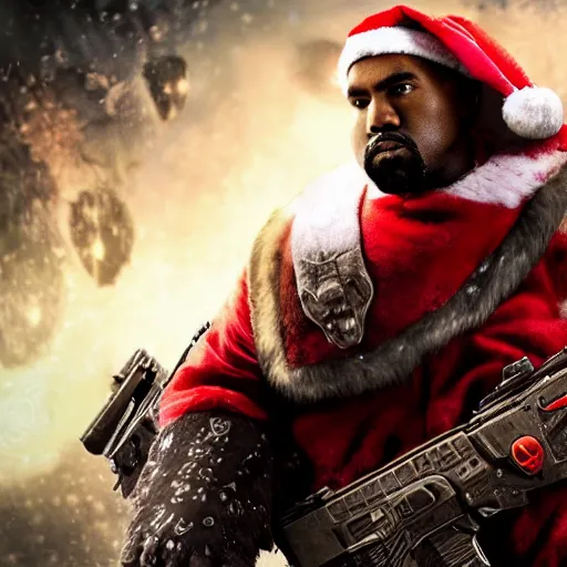 Image similar to Kanye West as santaclaus in 'Gears of War', splash art, movie still, cinematic lighting, detailed face, dramatic, octane render, long lens, shallow depth of field, bokeh, anamorphic lens flare, 8k, hyper detailed, 35mm film grain