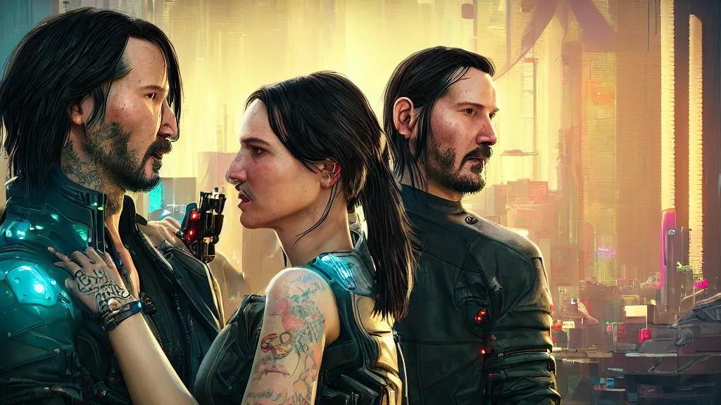 Image similar to a cyberpunk 2077 srcreenshot couple portrait of a Keanu Reeves and a female android final kiss,love,film lighting,by Laurie Greasley,Lawrence Alma-Tadema,Andrei Riabovitchev,Dan Mumford,John Wick,Speed,Replicas,artstation,deviantart,FAN ART,full of color,Digital painting,face enhance,highly detailed,8K,octane,golden ratio,cinematic lighting