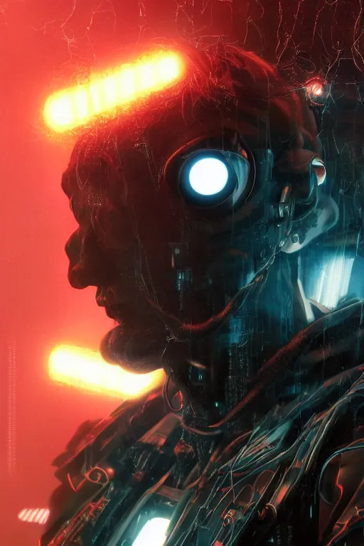 Image similar to head and shoulders render of man black_jacket close up cyberpunk face ((single_eye _glowing_red_eye red_emissives!)) android face mecha, inhuman creepy intimidating, exposed cables-bundle-black-thick Tom Bagshaw and Greg Rutkowski and Alphonse Mucha Bladerunner 2049 screenshot artstation UE5 Cyberpunk 2077 character trending 165mm