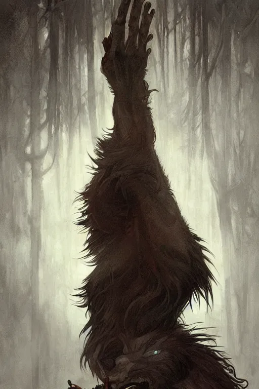 Image similar to a male werewolf devouring a severed human arm, blood, long claws, dark forest at night, by greg rutkowski and alphonse mucha, gradient brown to silver, highly detailed, digital painting, artstation, concept art, smooth, sharp focus illustration