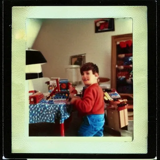 Image similar to a polaroid photograph of a boy building a lego set in his living room on christmas day. 1 9 8 0 s