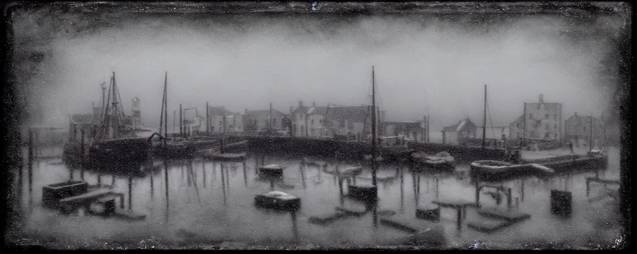 Prompt: a tintype miniature diorama of the harbour at stromness orkney, by joel peter witkin and sarah moon, macro photography, grainy, snow, highly detailed, gloomy and foggy atmosphere, octane render, cinematic lighting tri - x, 8 k, hd