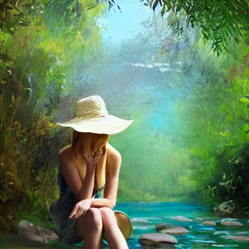 Prompt: blonde girl with summerhat, kneeling in a shallow stream in france, backlit, rocks visible underneath the water, style of volegov