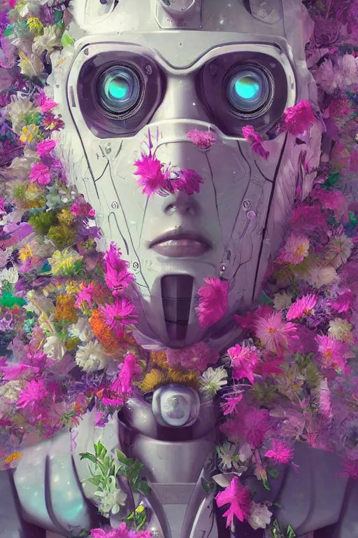 Prompt: closeup, underwater digital painting of a robot wearing a suit made of flowers, cyberpunk portrait by Filip Hodas, cgsociety, panfuturism, abstract expressionism, scribbles, made of flowers, dystopian art, vaporwave