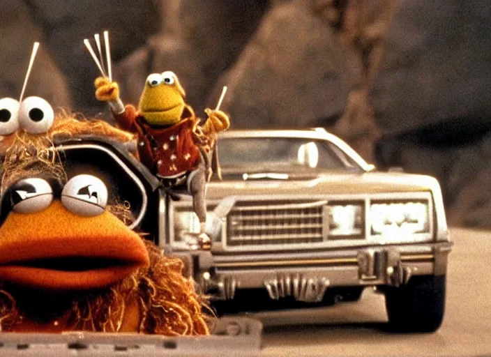 Image similar to scene from the 1979 science fiction film Muppet Mad Max