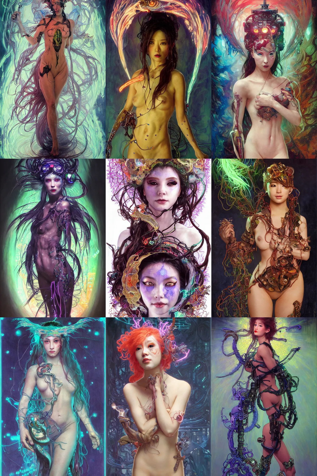 Prompt: awe-inspiring award-winning concept art full body face portrait painting of lithe, petite, attractive anglerfish cyberpunk Ashley Liao in neon shrouds as the goddess of lasers, sparks, by Julie Bell, Jean Delville, Virgil Finlay, Alphonse Mucha, Ayami Kojima, Amano, Charlie Bowater, Karol Bak, Greg Hildebrandt, Jean Delville, Frank Frazetta, Peter Kemp, and Pierre Puvis de Chavannesa, extremely moody lighting, glowing light and shadow, atmospheric, shadowy, cinematic, 8K,